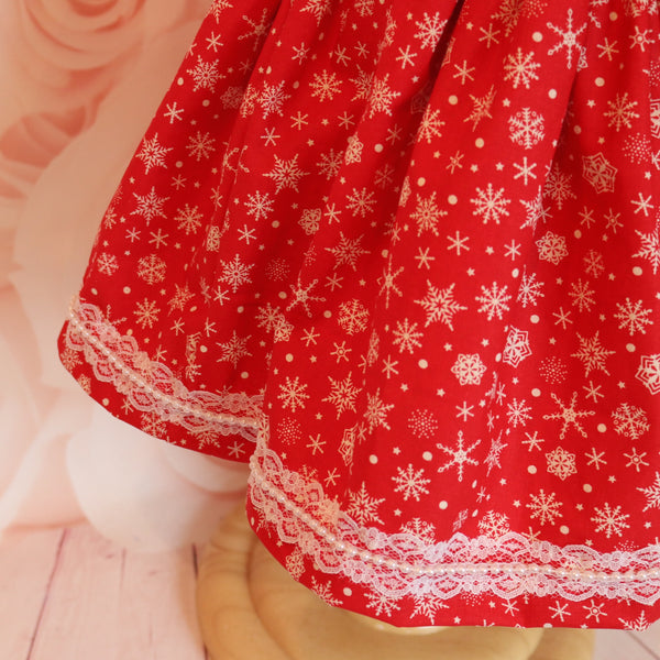 Red Skirt with White Snow Flake Print and White Lace and Beads Along the Bottom 